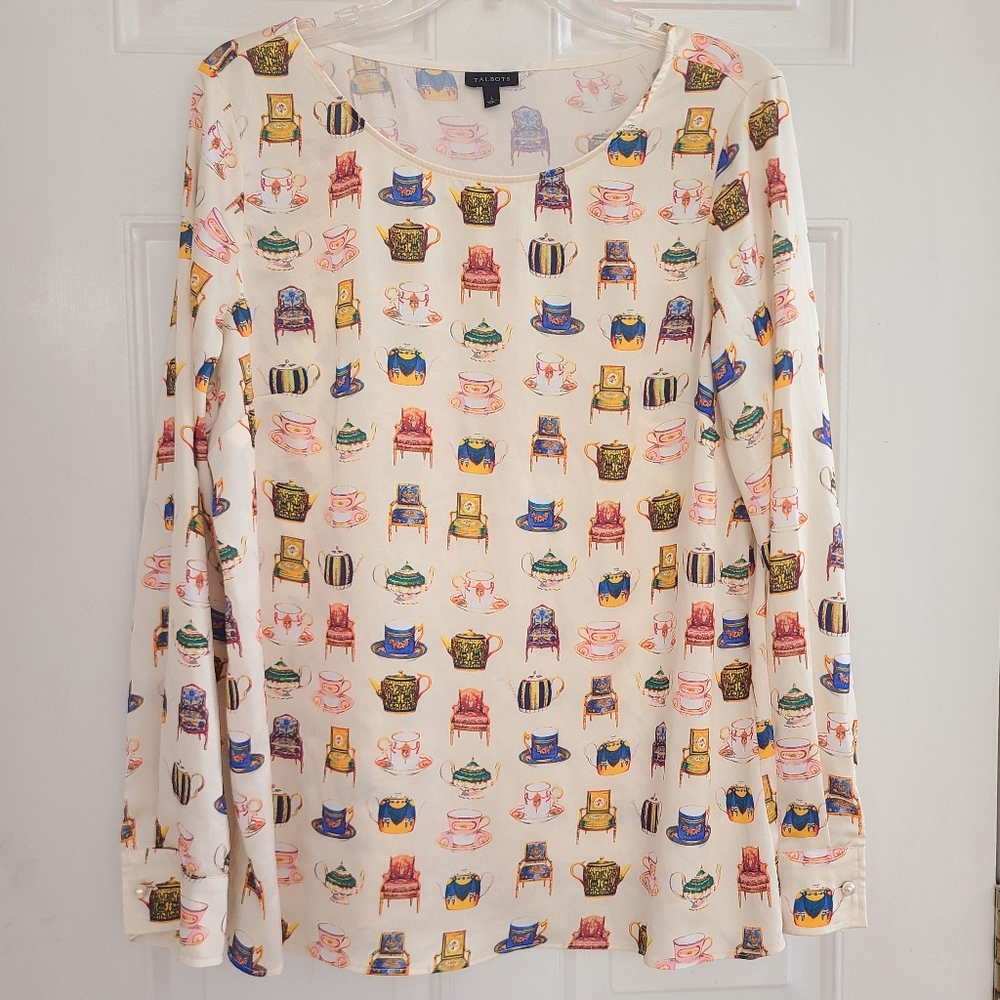 Talbots Sz L Women's Teapot Chair Novelty Print Satin Blouse Top Tea Cup Party